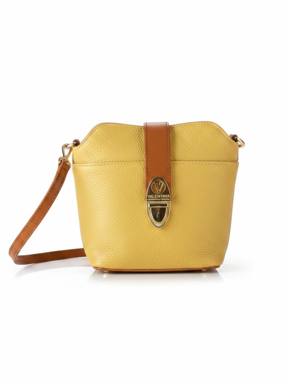 Valentina Yellow Crossbody Bag with Tan Strap and Gold Hardware